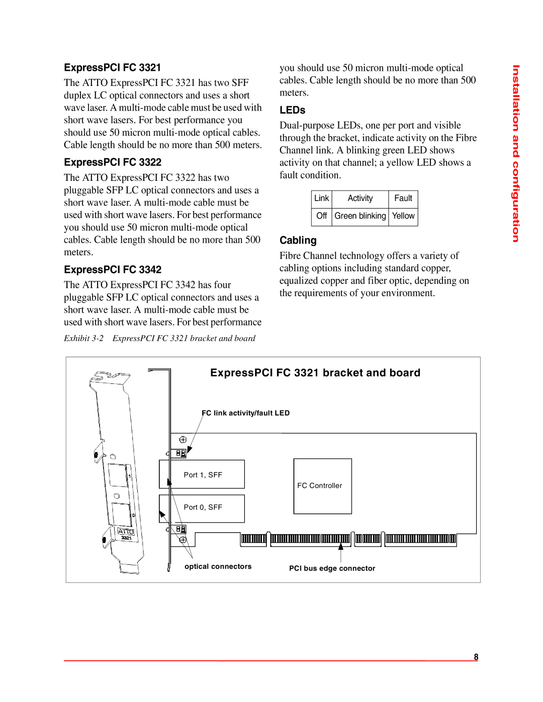 ATTO Technology FC 3321, FC 3322, FC 3342 operation manual LEDs, Cabling, ExpressPCI FC 3321 bracket and board 