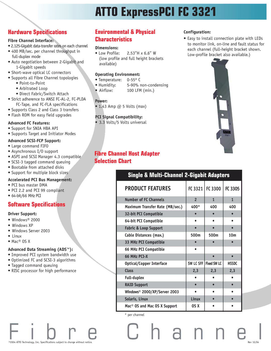 ATTO Technology FC 3321 manual Hardware Specifications, Software Specifications 