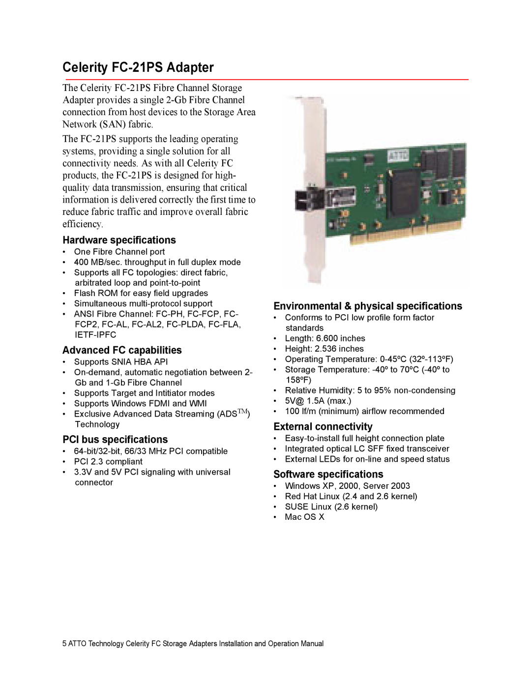 ATTO Technology FC-42XS, FC-41XS, FC-44ES, FC-42ES operation manual Celerity FC-21PS Adapter 