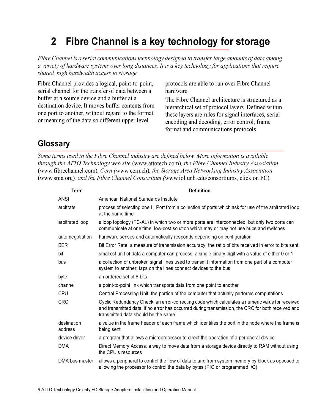 ATTO Technology FC-42ES, FC-44ES, FC-42XS, FC-41XS, FC-21PS, FC-22XH, FC-24XL operation manual Glossary, Term Definition 