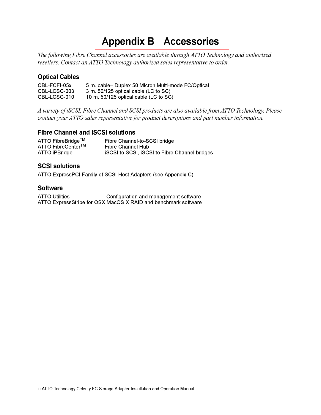 ATTO Technology FC-42ES, FC-44ES, FC-42XS, FC-41XS, FC-21PS, FC-22XH, FC-24XL Appendix B Accessories, Optical Cables 