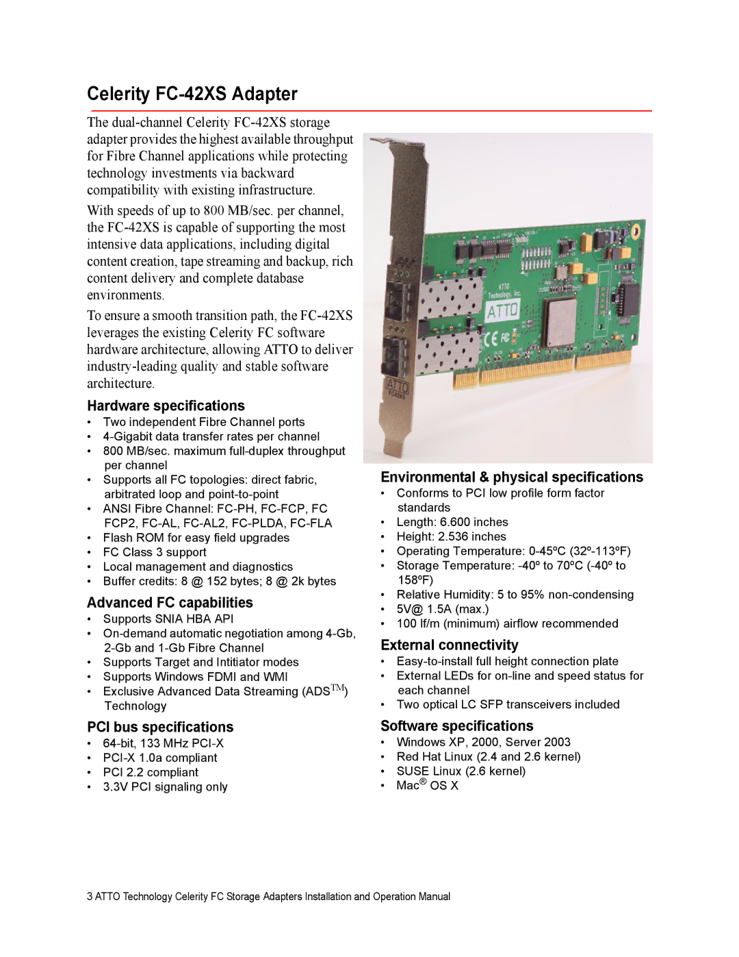 ATTO Technology FC-42ES, FC-41XS, FC-44ES operation manual Celerity FC-42XS Adapter, PCI bus specifications 