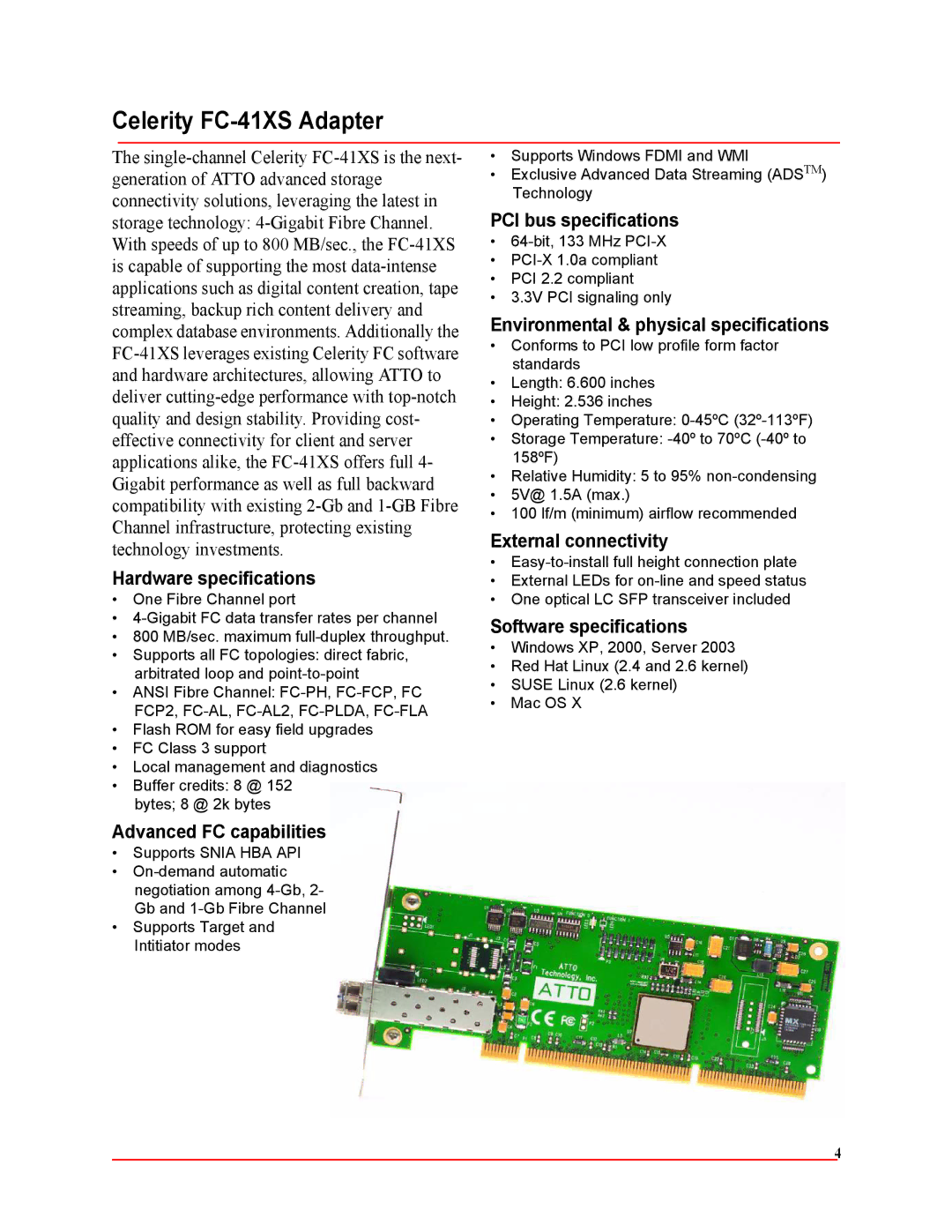 ATTO Technology FC-42ES, FC-44ES, FC-42XS, FC-41XS, FC-21PS, FC-22XH, FC-24XL operation manual Celerity FC-41XS Adapter 