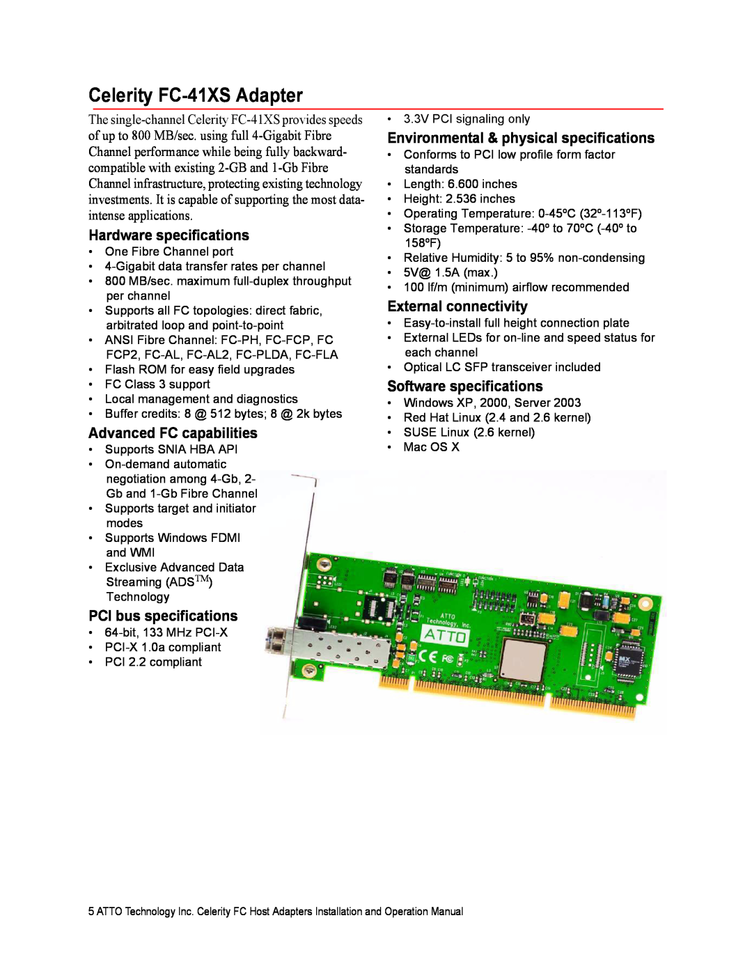 ATTO Technology FC-44ES 4-Gb operation manual Celerity FC-41XS Adapter, Hardware specifications, Advanced FC capabilities 