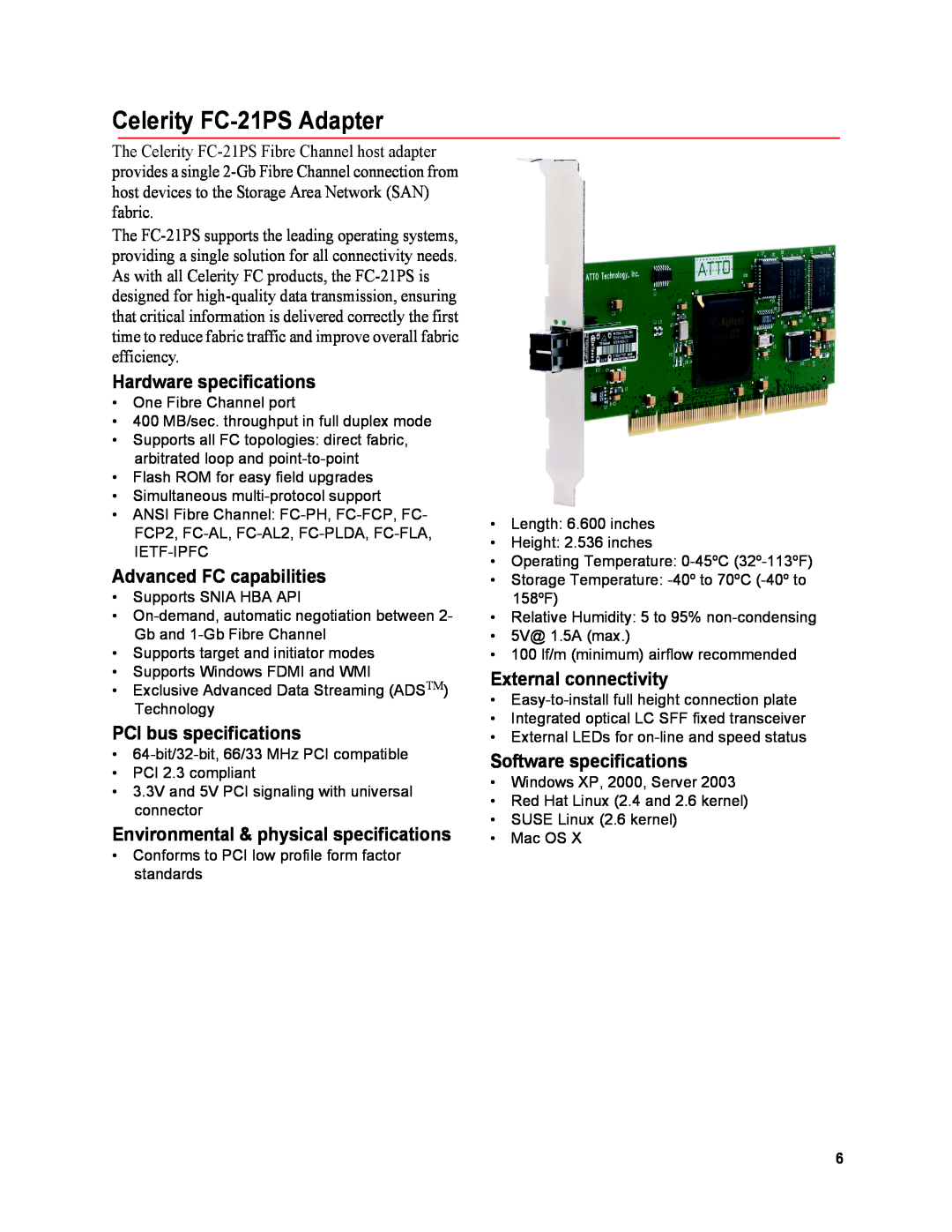 ATTO Technology FC-44ES 4-Gb operation manual Celerity FC-21PS Adapter, Hardware specifications, Advanced FC capabilities 
