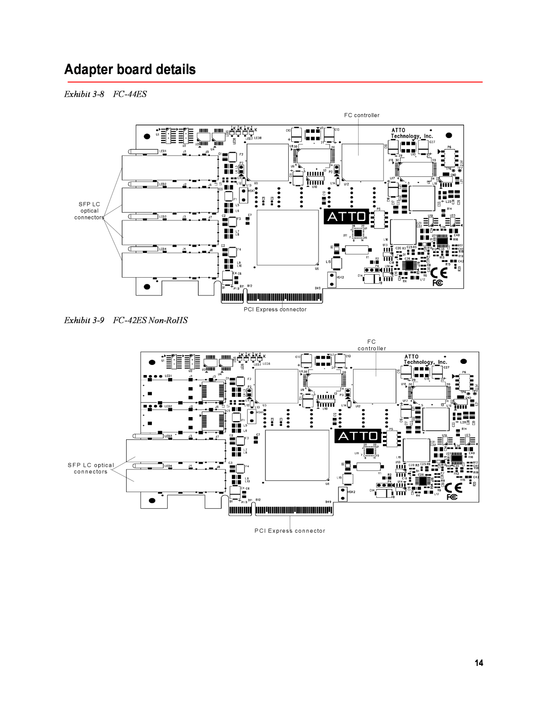 ATTO Technology FC-44ES 4-Gb operation manual Adapter board details, Exhibit 3-8 FC-44ES, Exhibit 3-9 FC-42ES Non-RoHS 