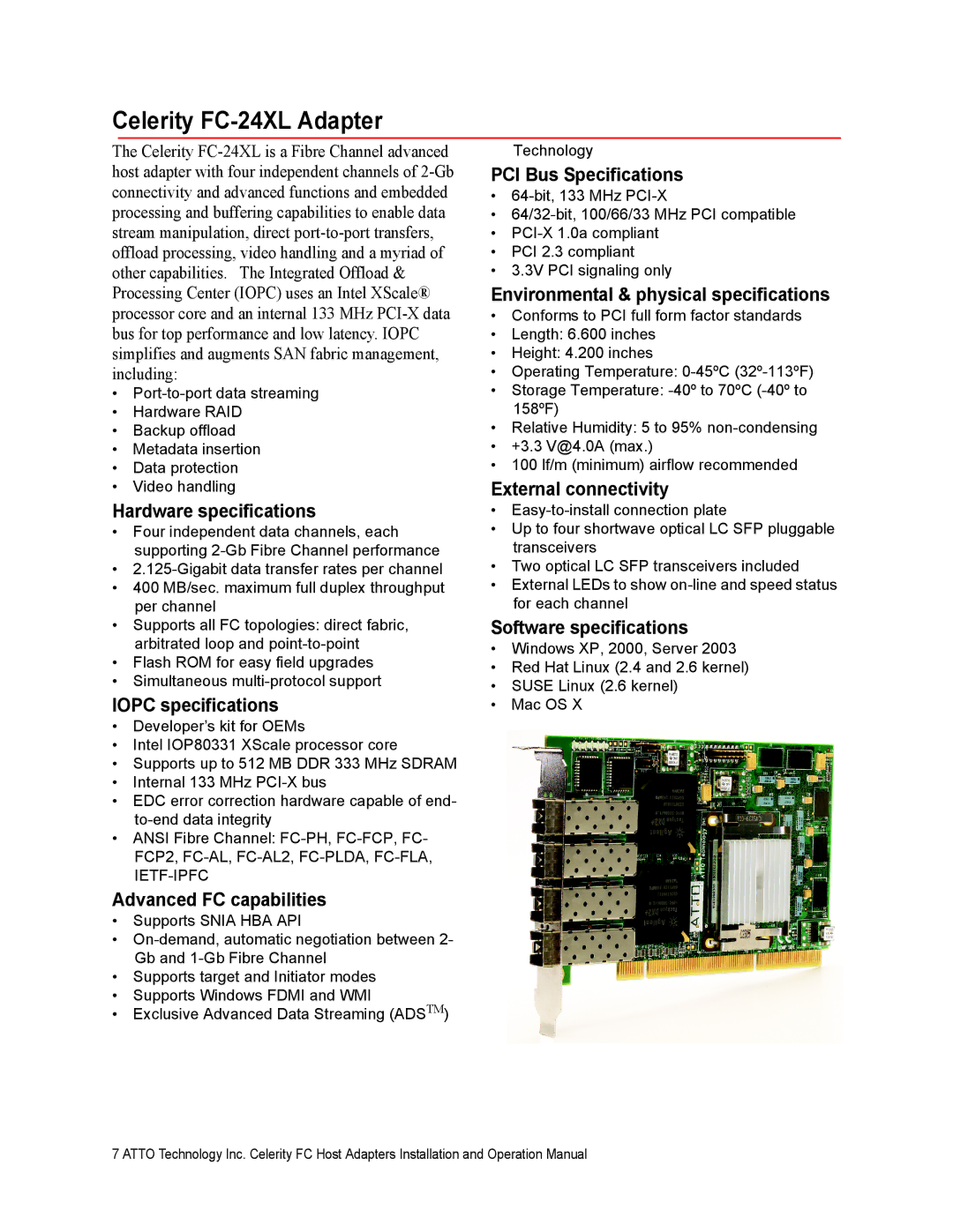 ATTO Technology FC-44ES 4-Gb operation manual Celerity FC-24XL Adapter, Iopc specifications 