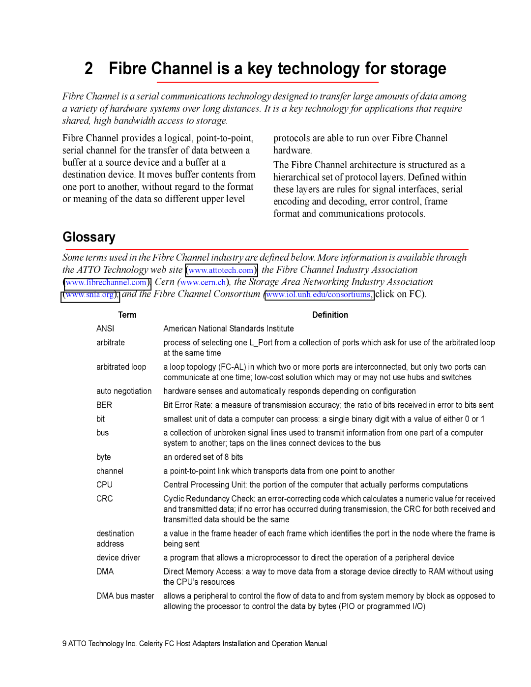 ATTO Technology FC-44ES 4-Gb operation manual Fibre Channel is a key technology for storage, Glossary, Term Definition 