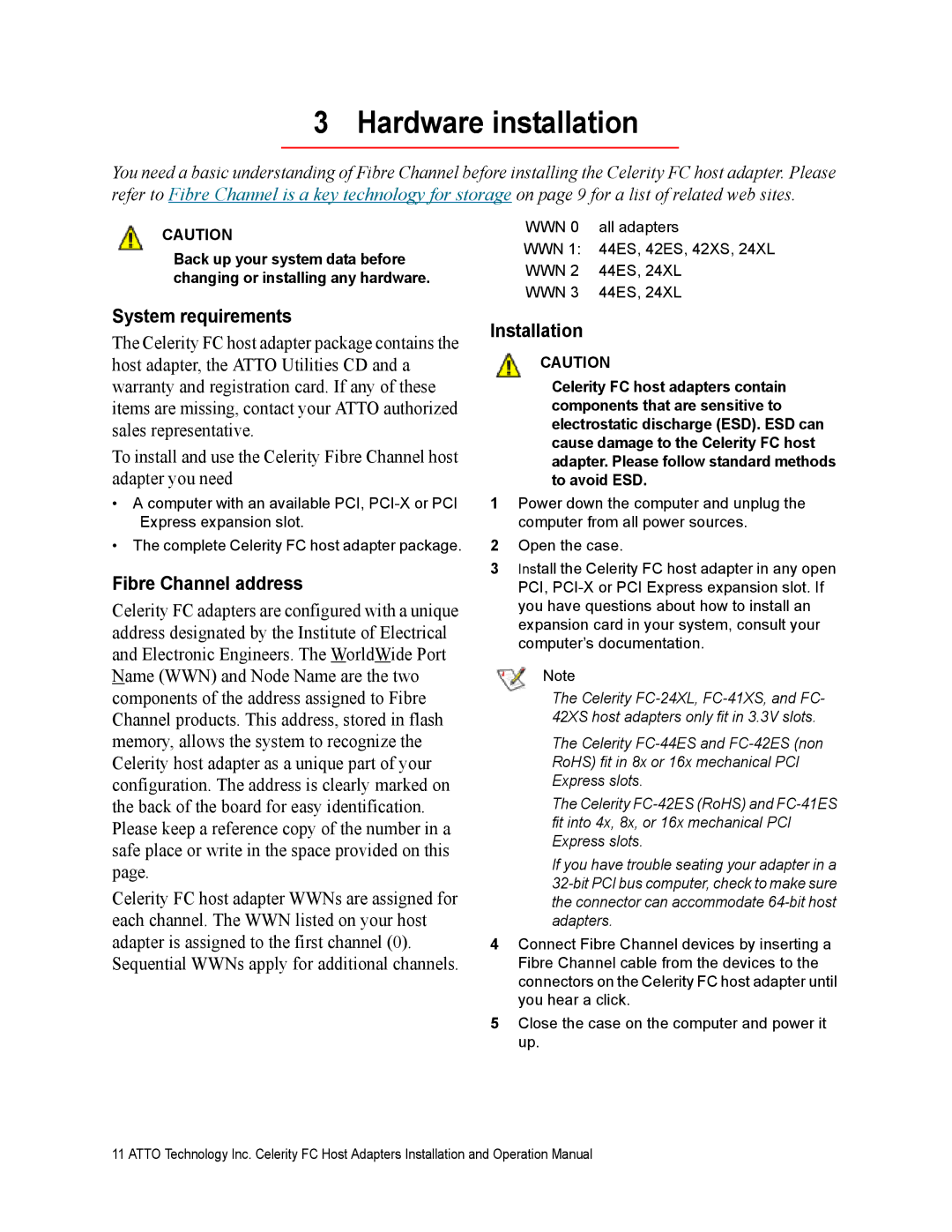ATTO Technology FC-44ES 4-Gb Hardware installation, System requirements, Fibre Channel address, Installation 
