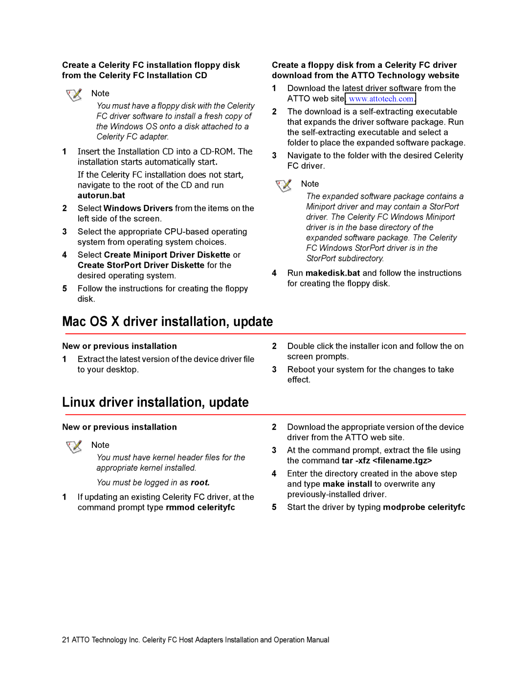 ATTO Technology FC-44ES 4-Gb operation manual Mac OS X driver installation, update, Linux driver installation, update 