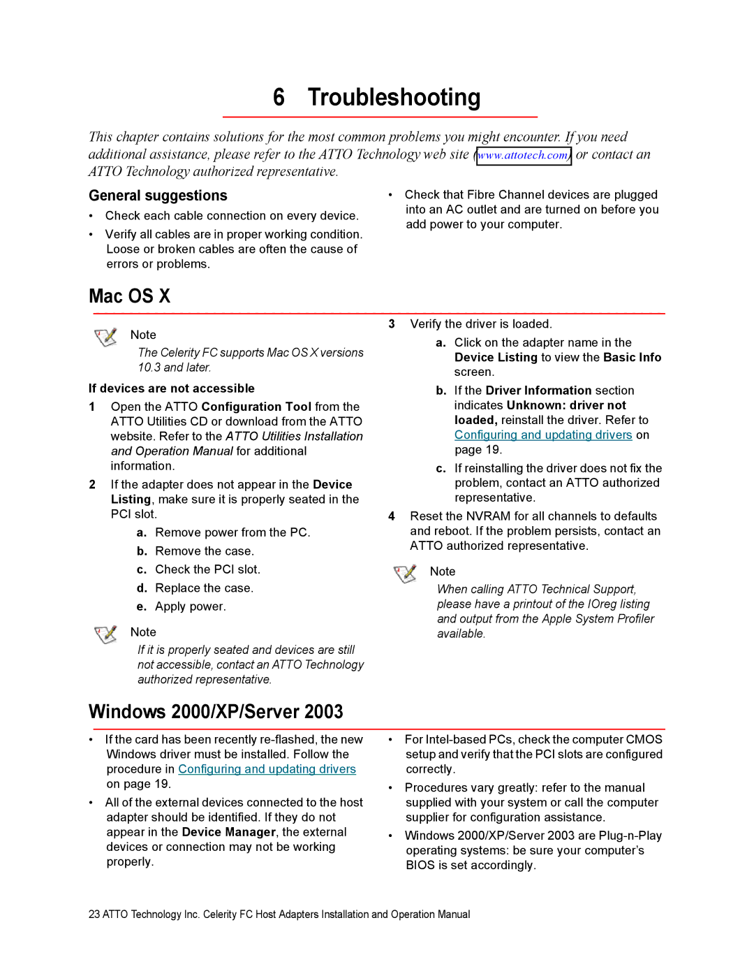 ATTO Technology FC-44ES 4-Gb operation manual Troubleshooting, Mac OS, General suggestions, If devices are not accessible 