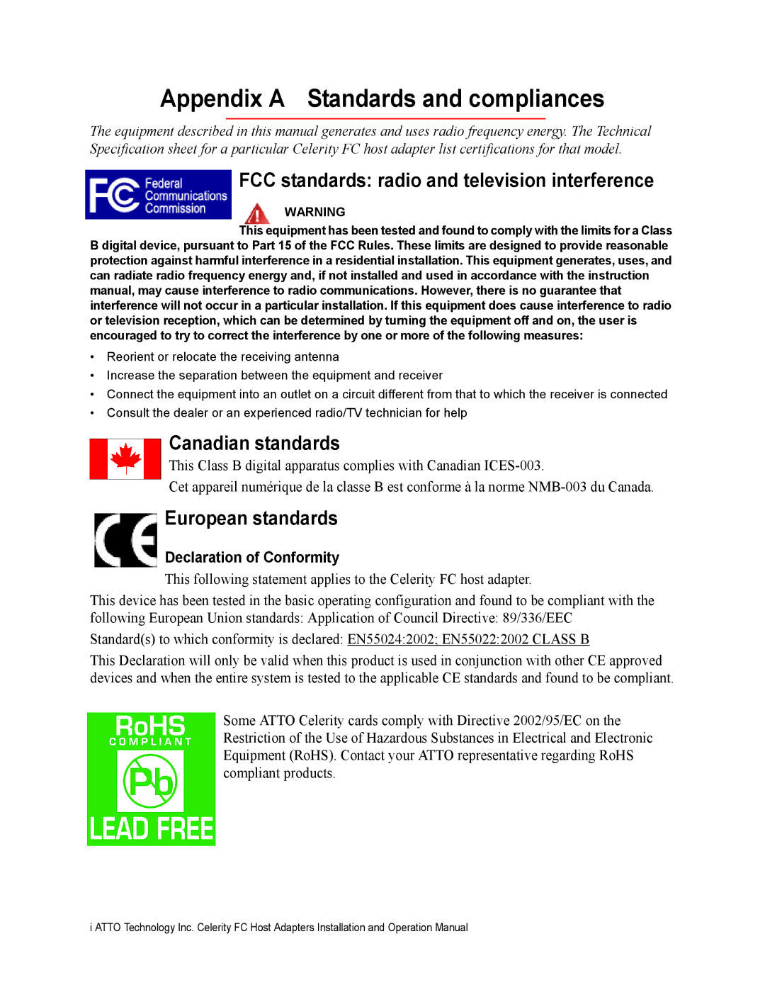 ATTO Technology FC-44ES 4-Gb Appendix a Standards and compliances, FCC standards radio and television interference 