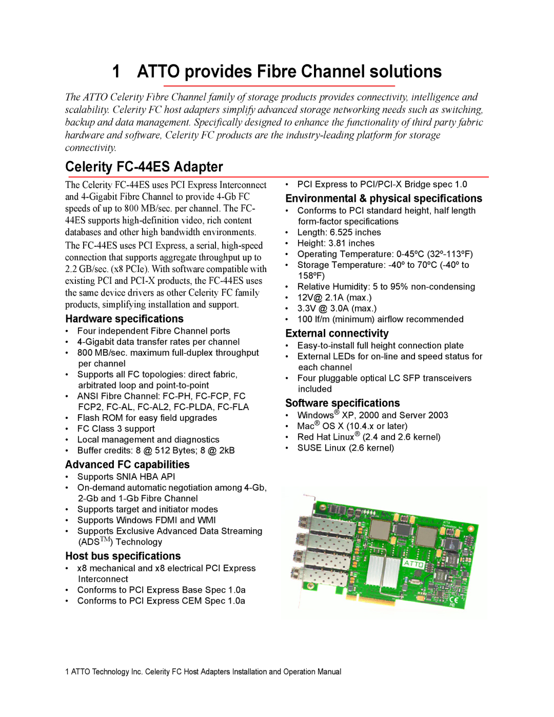 ATTO Technology FC-44ES 4-Gb operation manual Atto provides Fibre Channel solutions, Celerity FC-44ES Adapter 