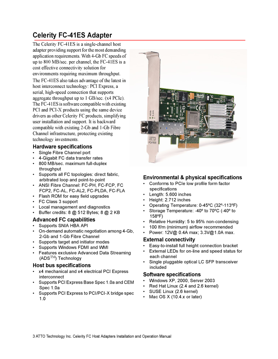 ATTO Technology FC-44ES 4-Gb operation manual Celerity FC-41ES Adapter 