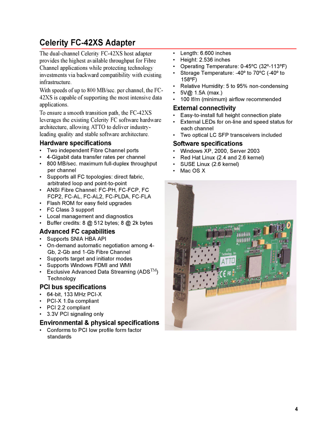 ATTO Technology FC-44ES 4-Gb operation manual Celerity FC-42XS Adapter, PCI bus specifications 