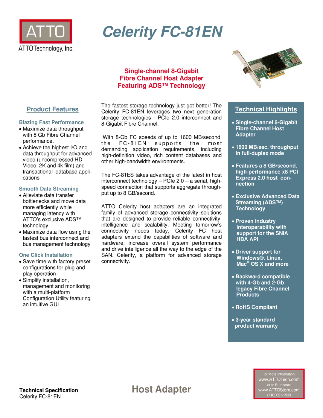 ATTO Technology FC-82EN, FC-84EN, FC-81EN operation manual Atto Celerity Fibre Channel Host Adapters 