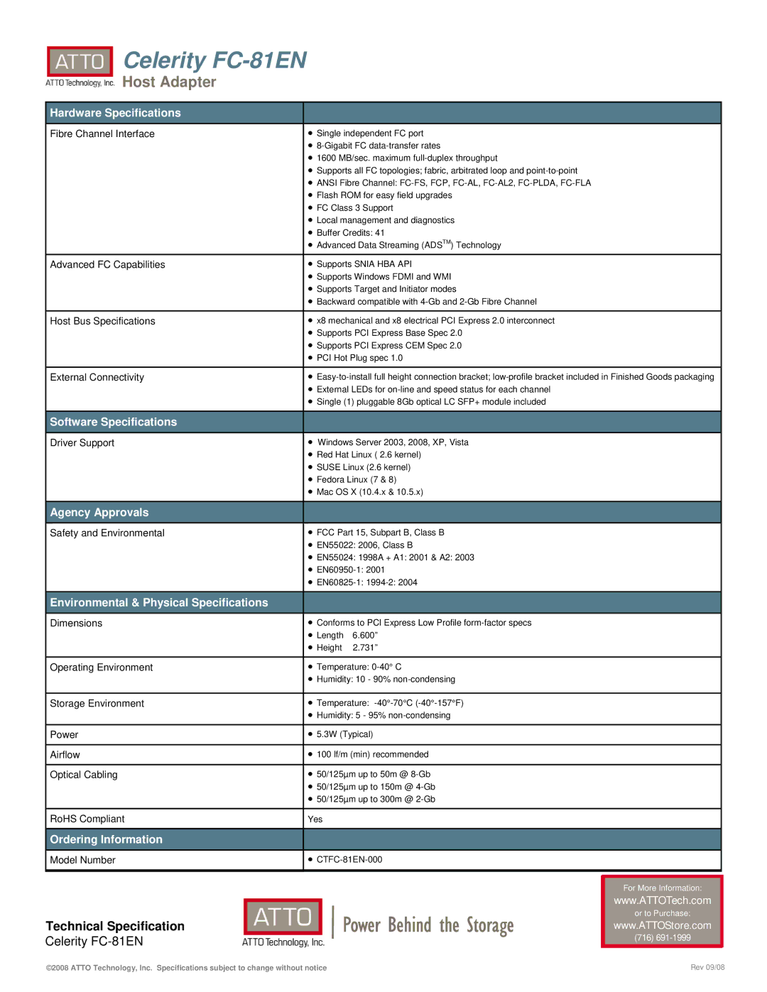 ATTO Technology FC-81EN warranty Hardware Specifications, Software Specifications, Agency Approvals, Ordering Information 