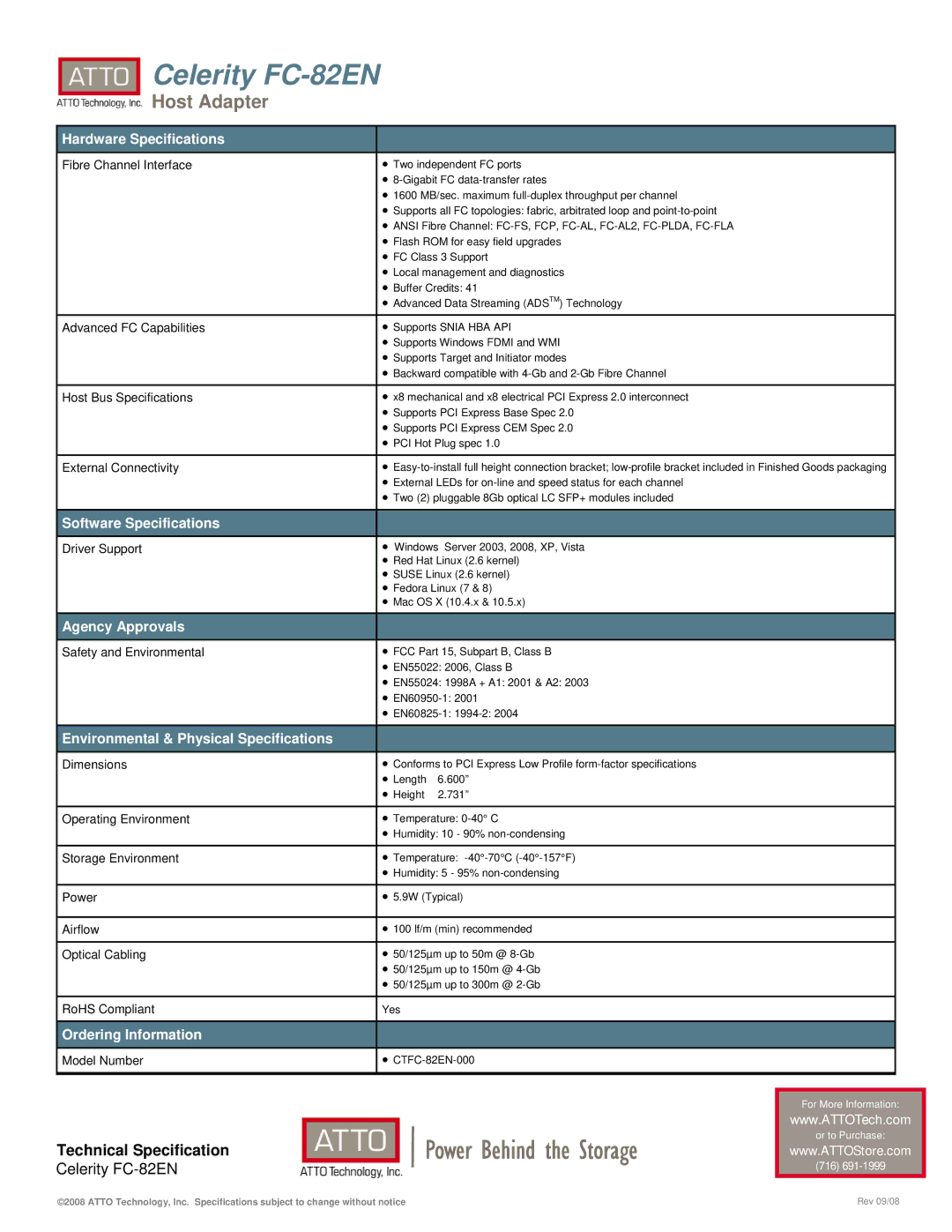 ATTO Technology FC-82EN warranty Hardware Specifications, Software Specifications, Agency Approvals, Ordering Information 