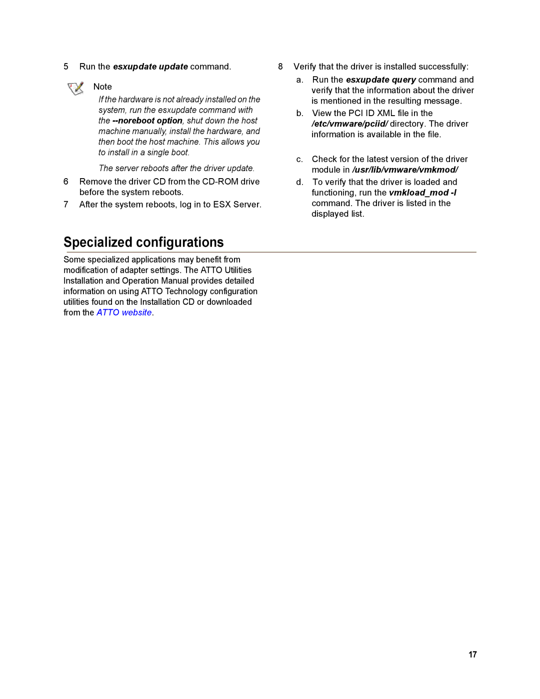 ATTO Technology FC-84EN, FC-82EN, FC-81EN operation manual Specialized configurations, Run the esxupdate update command 