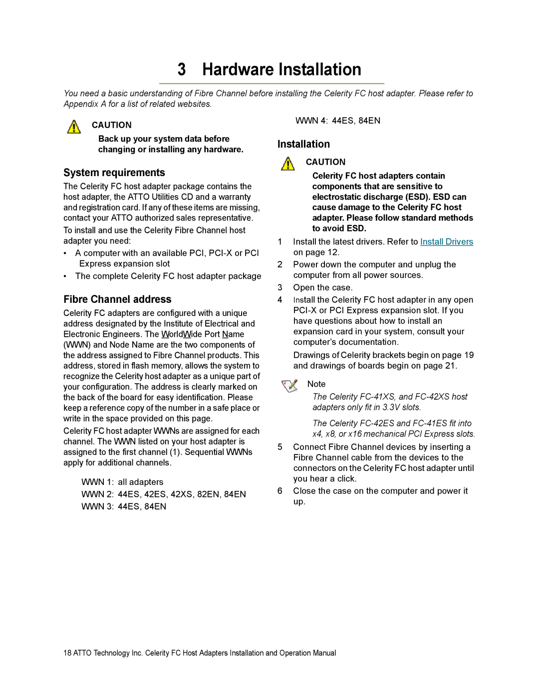 ATTO Technology FC-82EN, FC-84EN, FC-81EN operation manual Hardware Installation, System requirements, Fibre Channel address 