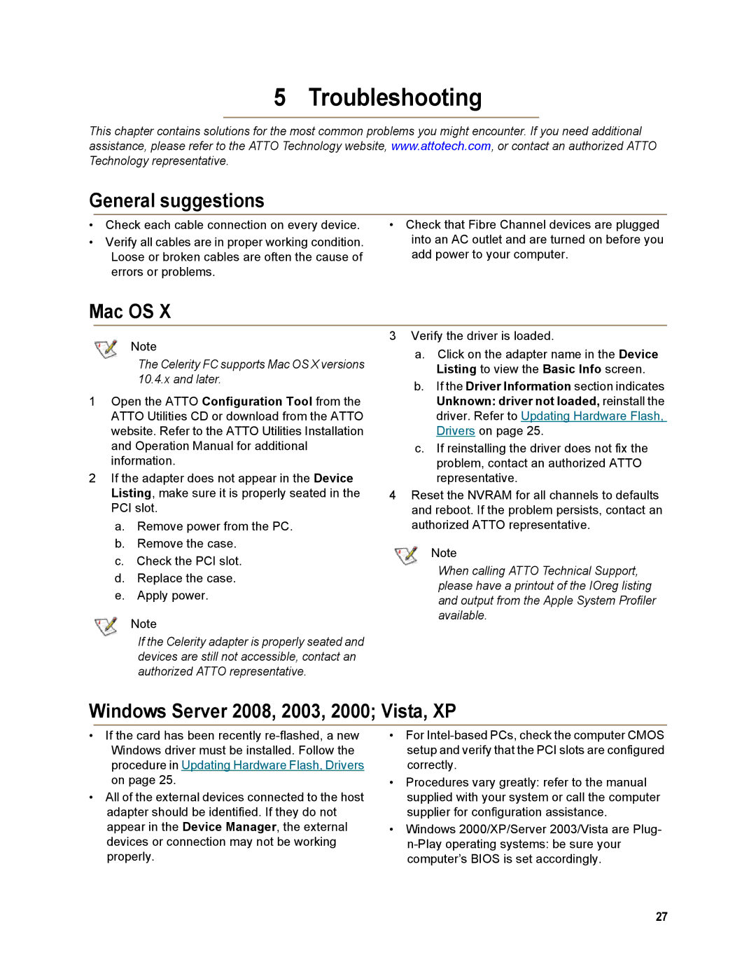 ATTO Technology FC-82EN, FC-84EN Troubleshooting, General suggestions, Mac OS, Windows Server 2008, 2003, 2000 Vista, XP 