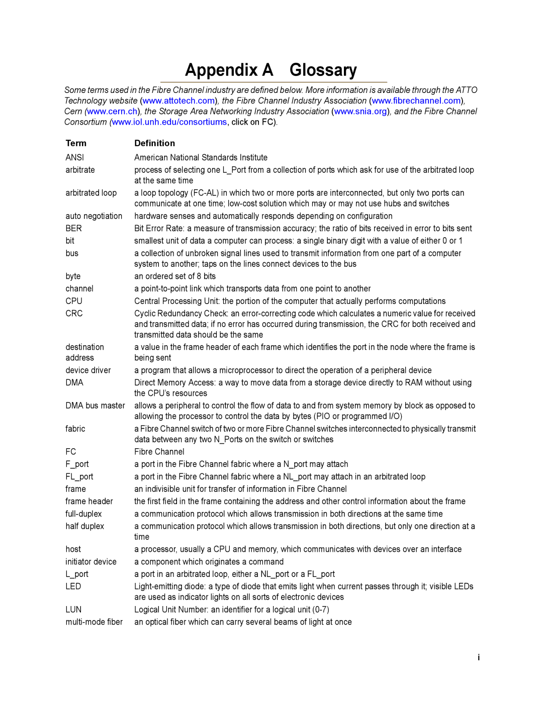 ATTO Technology FC-84EN, FC-82EN, FC-81EN operation manual Appendix a Glossary, Term Definition 