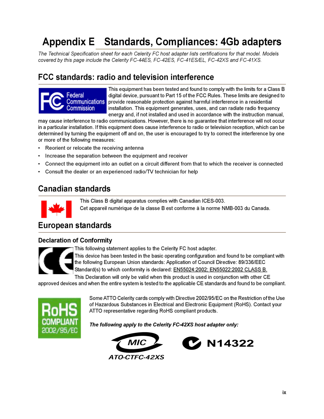 ATTO Technology FC-81EN, FC-84EN, FC-82EN operation manual Appendix E Standards, Compliances 4Gb adapters 