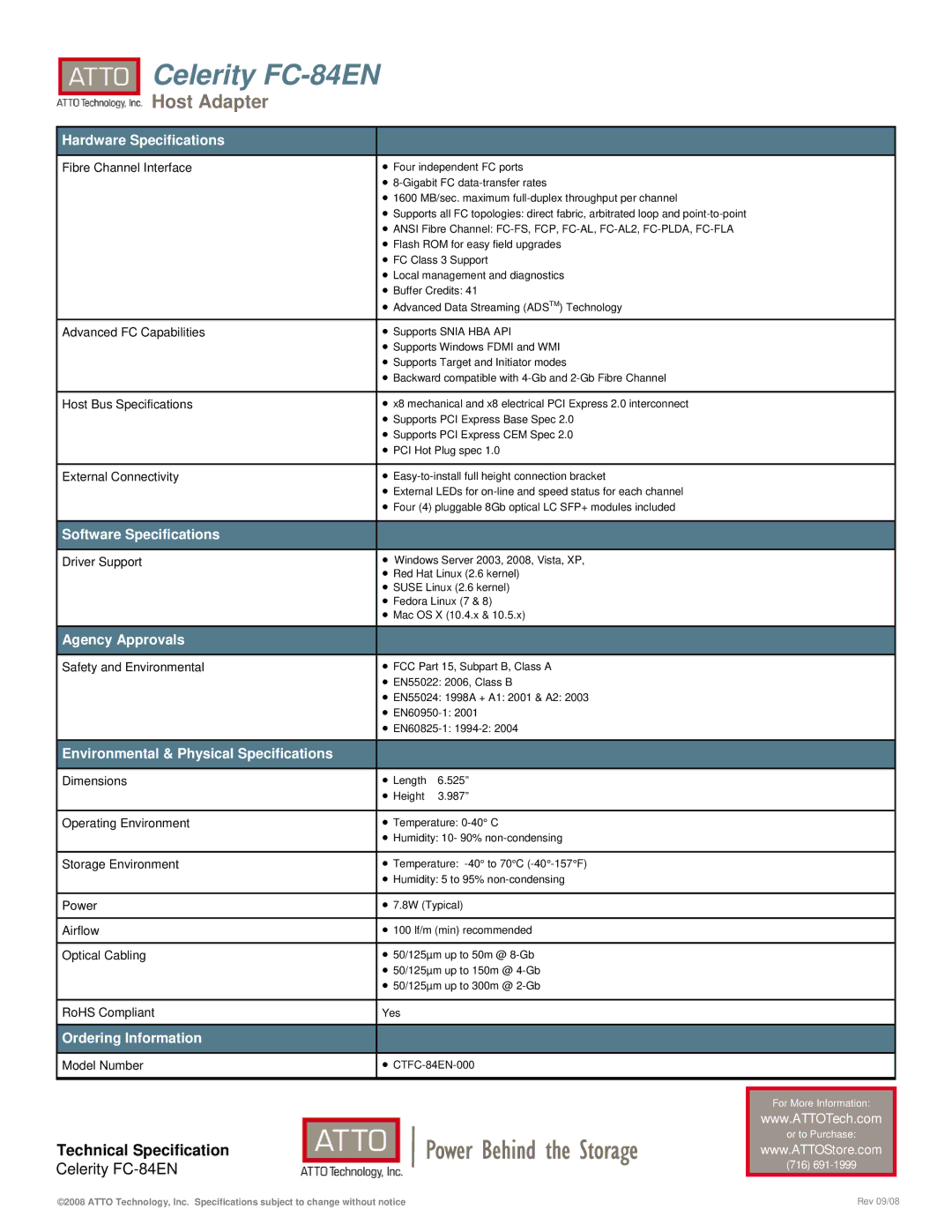 ATTO Technology FC-84EN warranty Hardware Specifications, Software Specifications, Agency Approvals, Ordering Information 