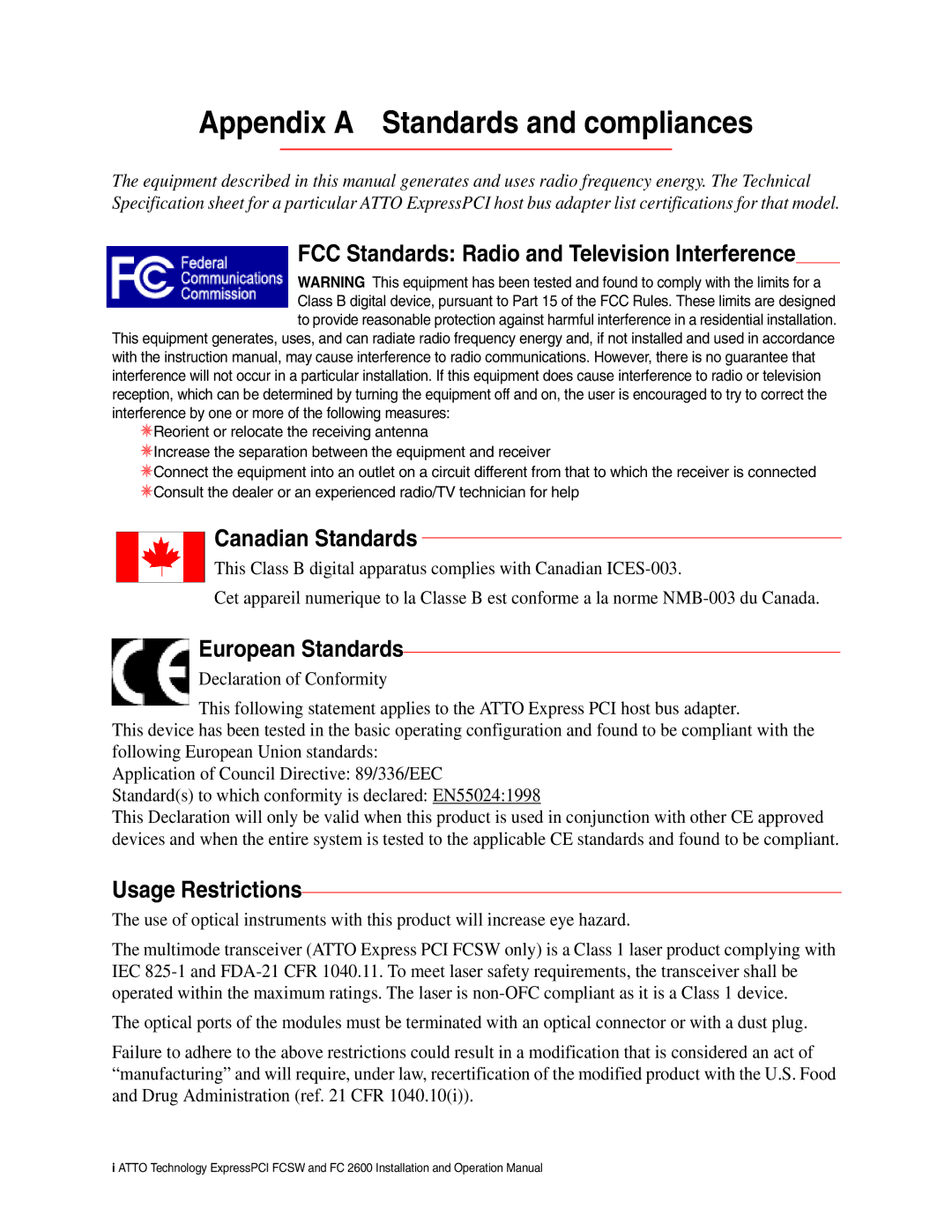 ATTO Technology FCSW, FC2600 Appendix a Standards and compliances, FCC Standards Radio and Television Interference 