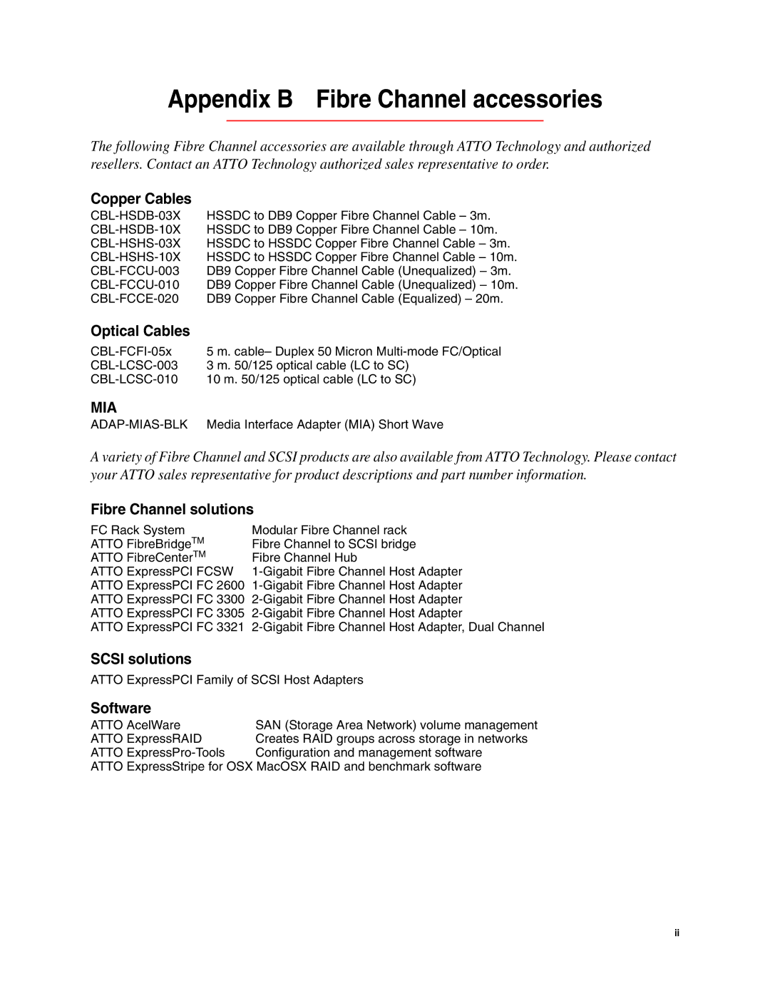 ATTO Technology FC2600, FCSW operation manual Appendix B Fibre Channel accessories 