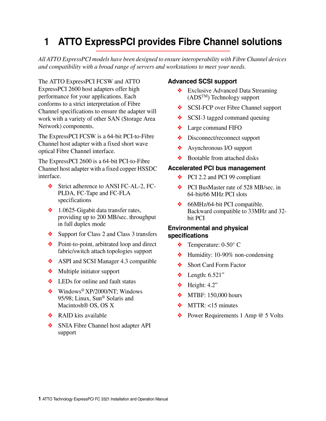 ATTO Technology FCSW Advanced Scsi support, Accelerated PCI bus management, Environmental and physical specifications 