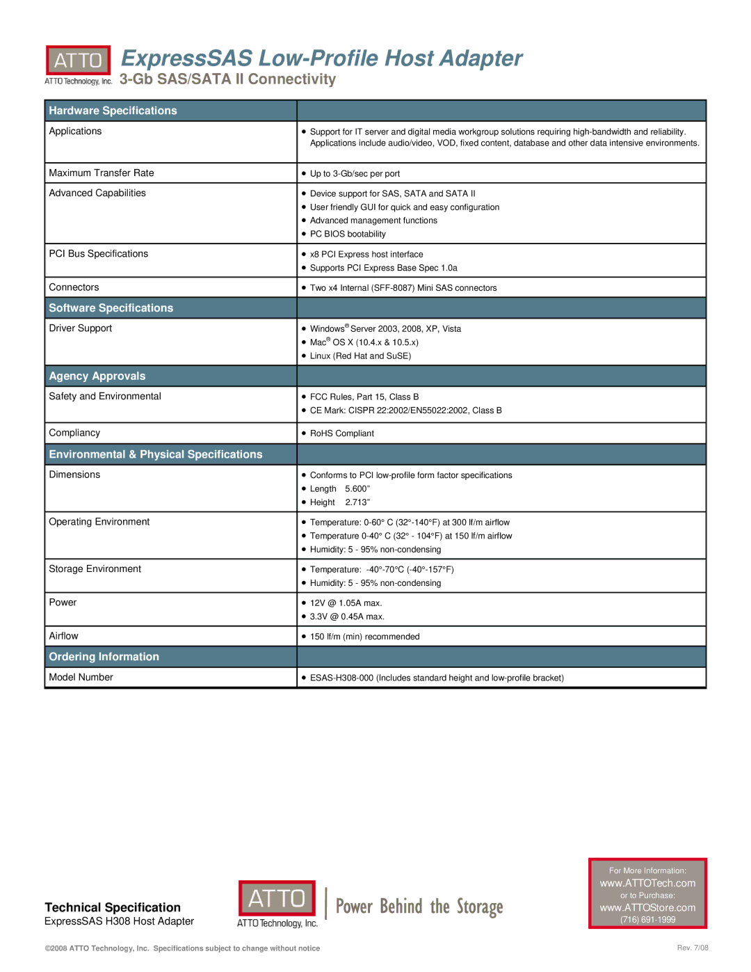 ATTO Technology H308 warranty Hardware Specifications, Software Specifications, Agency Approvals, Ordering Information 