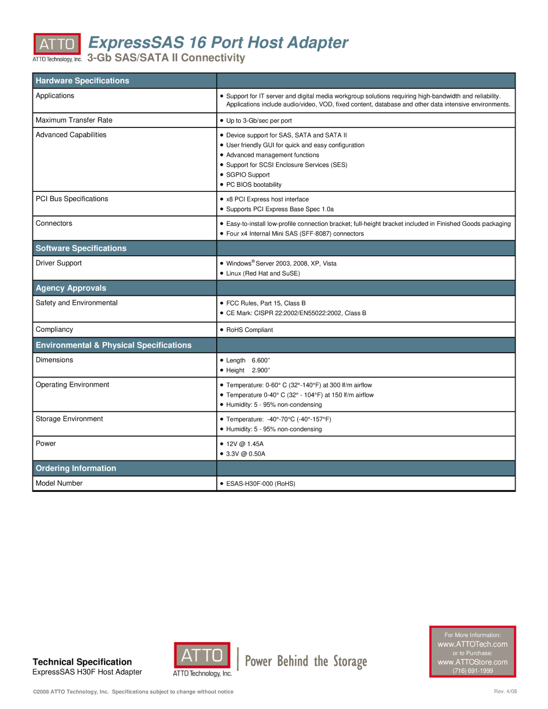 ATTO Technology H30F warranty Hardware Specifications, Software Specifications, Agency Approvals, Ordering Information 