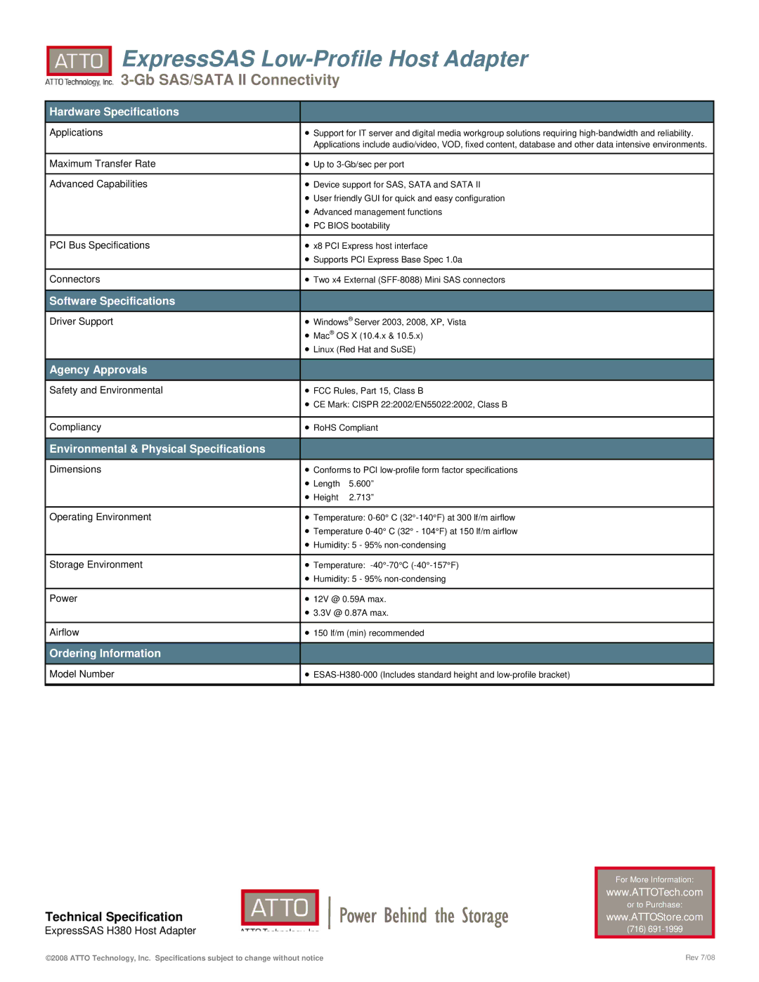 ATTO Technology H380 warranty Hardware Specifications, Software Specifications, Agency Approvals, Ordering Information 