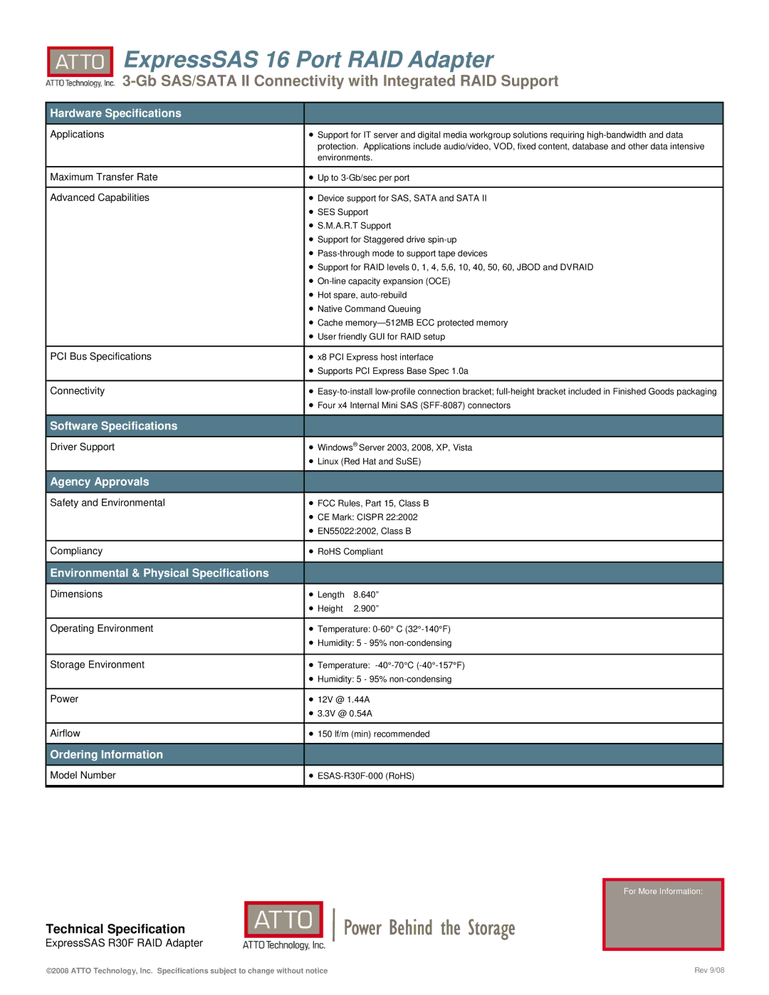 ATTO Technology R30F warranty Hardware Specifications, Software Specifications, Agency Approvals, Ordering Information 