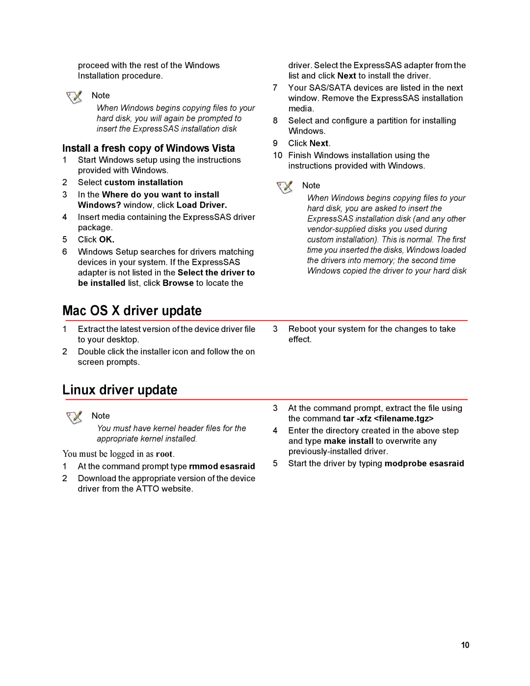 ATTO Technology R348 v operation manual Mac OS X driver update, Linux driver update, Install a fresh copy of Windows Vista 