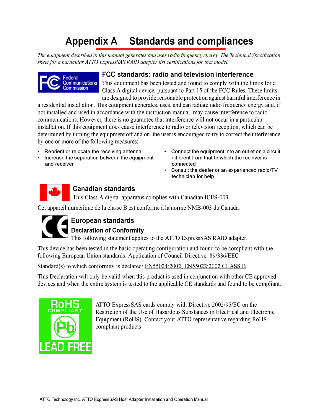 ATTO Technology R348 v operation manual Appendix a Standards and compliances, Declaration of Conformity 