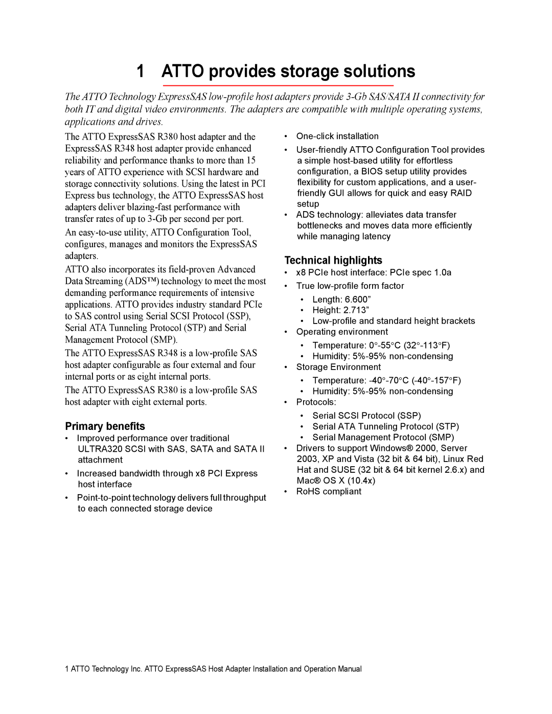 ATTO Technology R348 v operation manual Atto provides storage solutions, Primary benefits, Technical highlights 