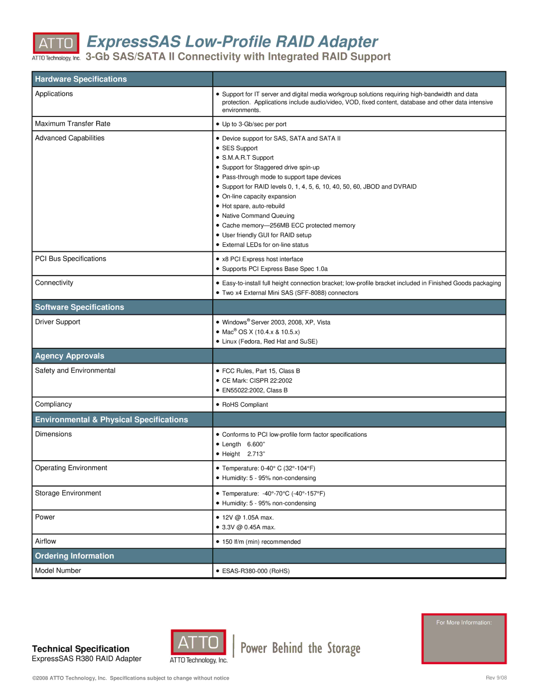 ATTO Technology R380 warranty Hardware Specifications, Software Specifications, Agency Approvals, Ordering Information 