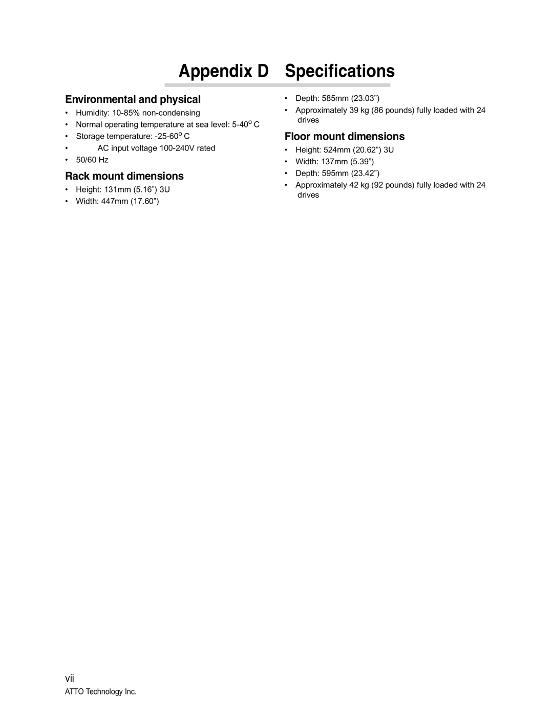 ATTO Technology S-Class manual Environmental and physical, Rack mount dimensions, Floor mount dimensions 