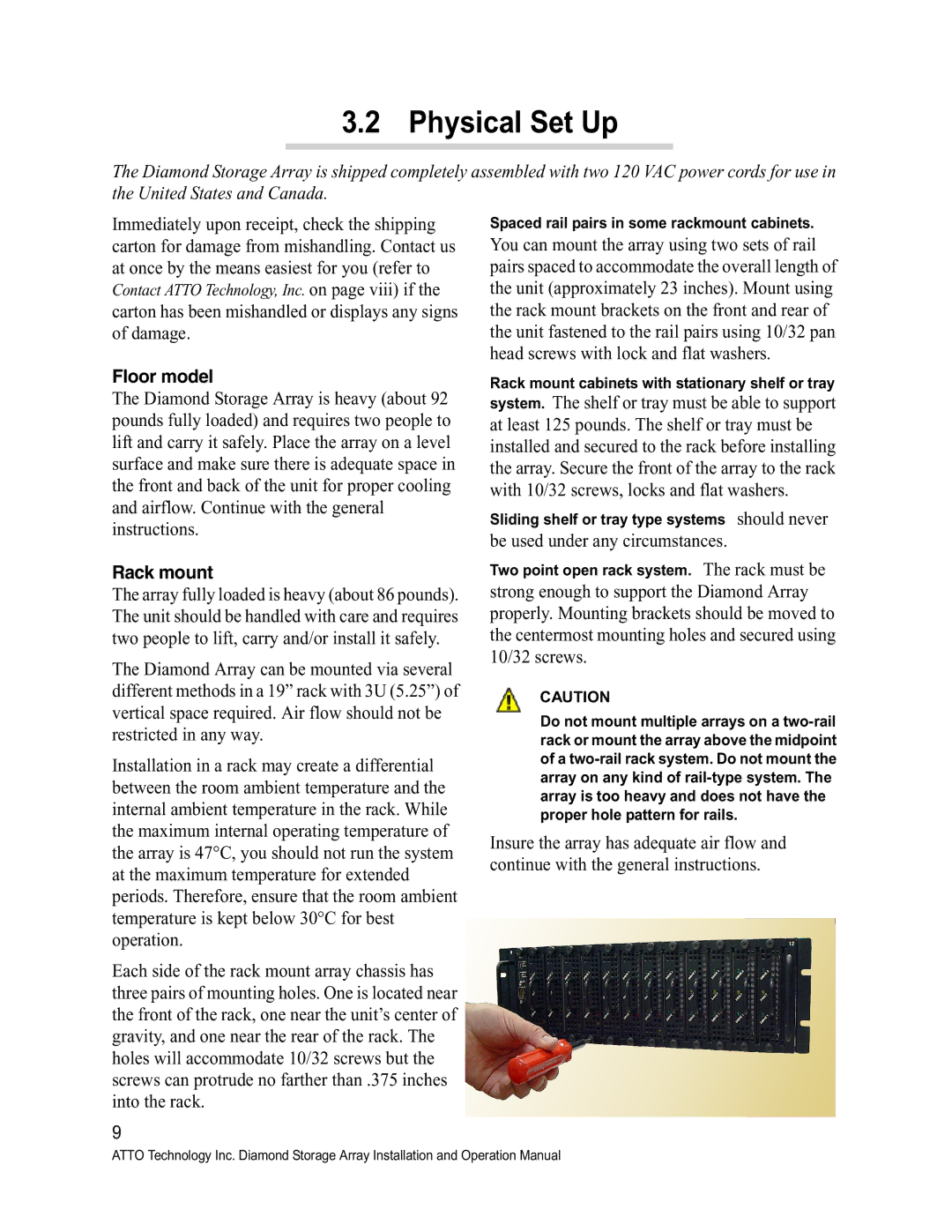 ATTO Technology S-Class manual Physical Set Up, Spaced rail pairs in some rackmount cabinets 