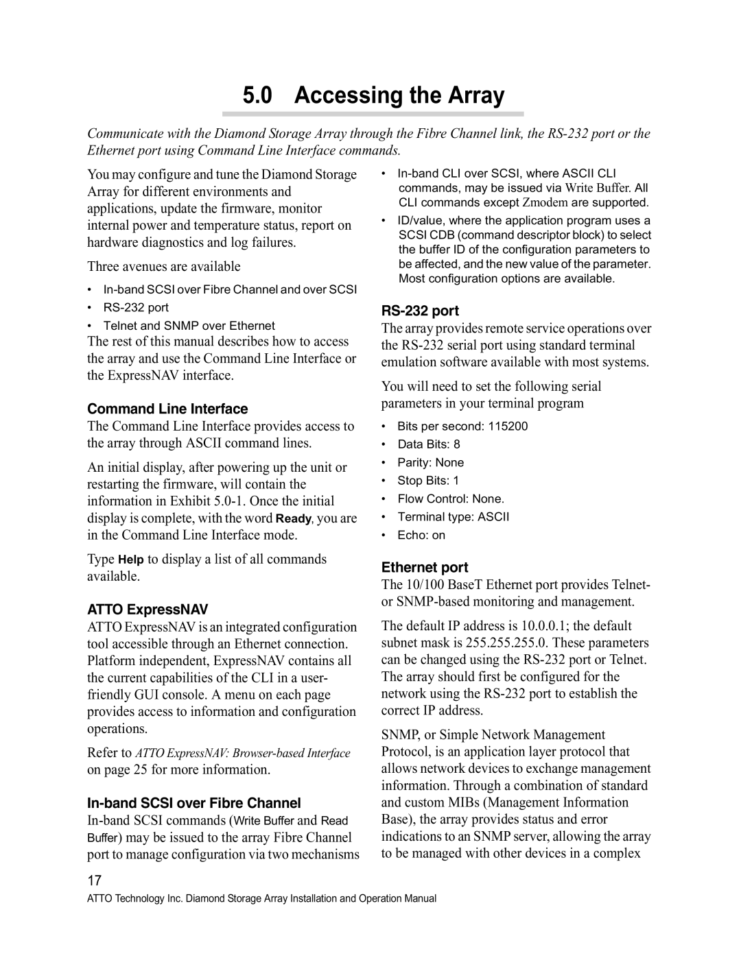 ATTO Technology S-Class manual Accessing the Array, Command Line Interface, Atto ExpressNAV, RS-232 port, Ethernet port 