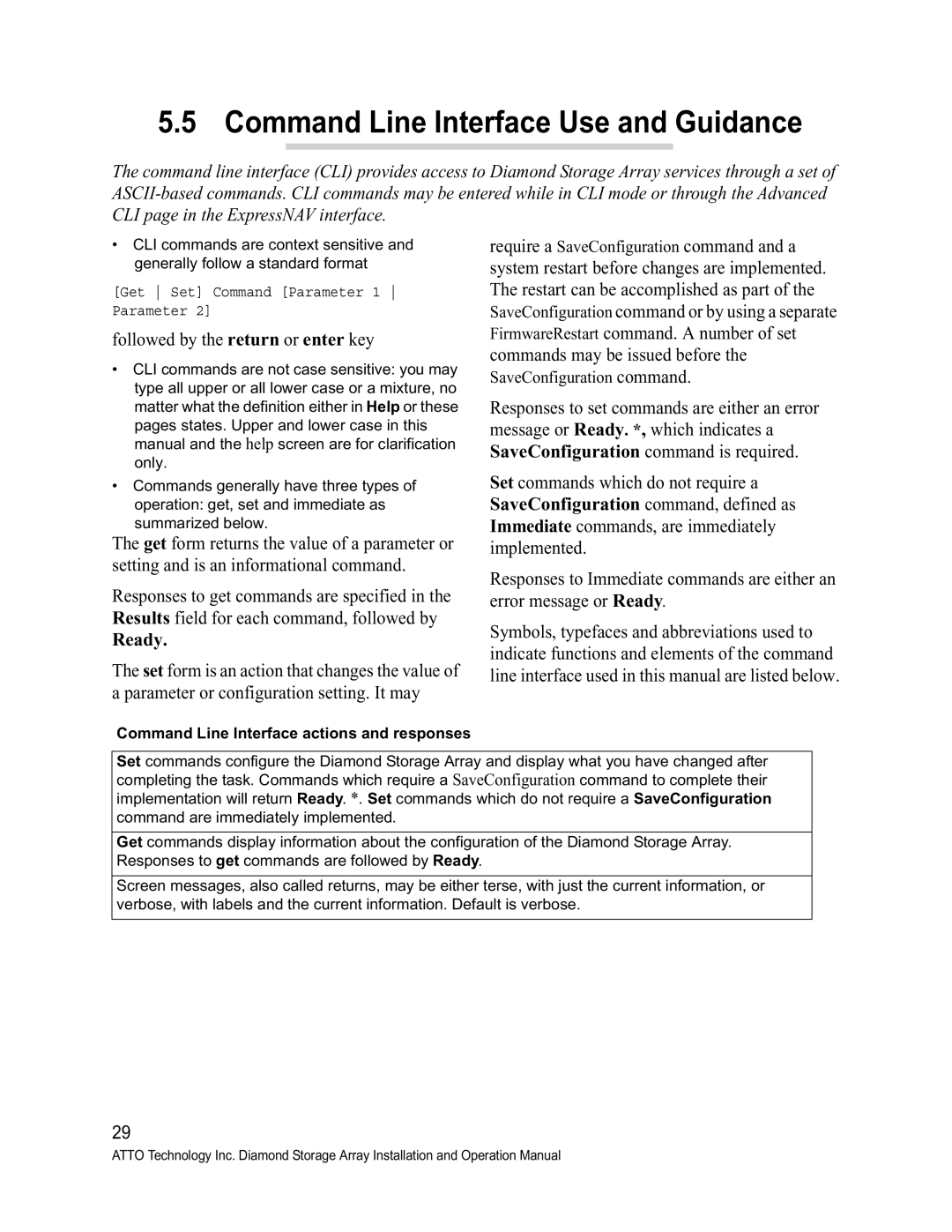 ATTO Technology S-Class manual Command Line Interface Use and Guidance, Command Line Interface actions and responses 