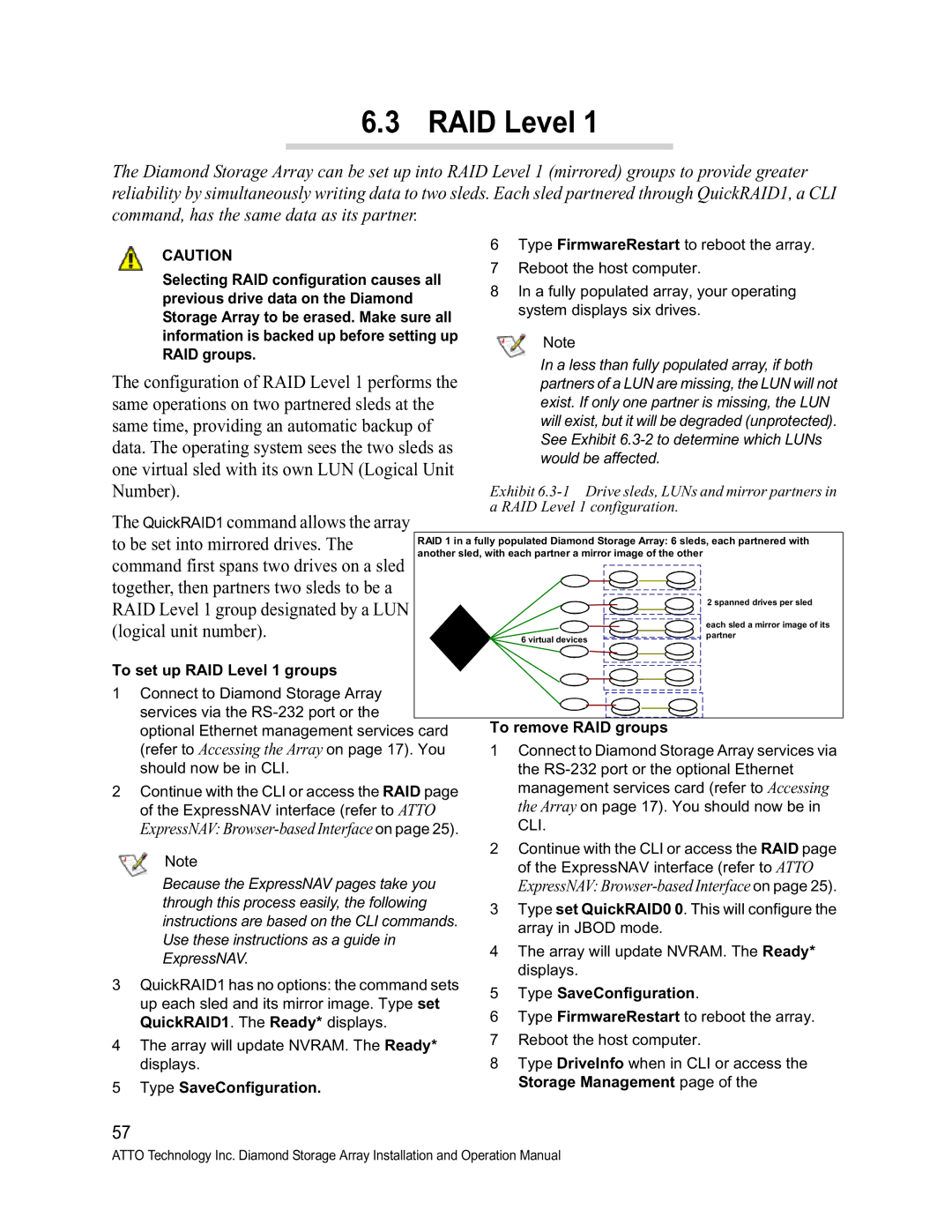 ATTO Technology S-Class manual To set up RAID Level 1 groups, To remove RAID groups, Type SaveConfiguration 