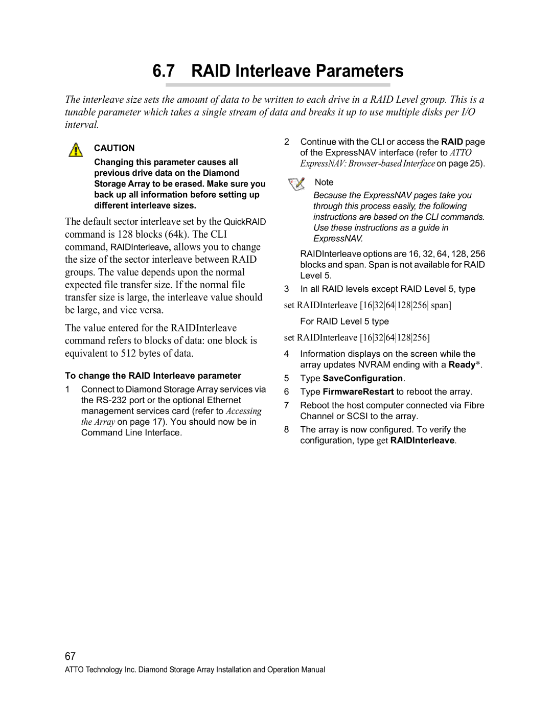 ATTO Technology S-Class manual RAID Interleave Parameters, To change the RAID Interleave parameter 