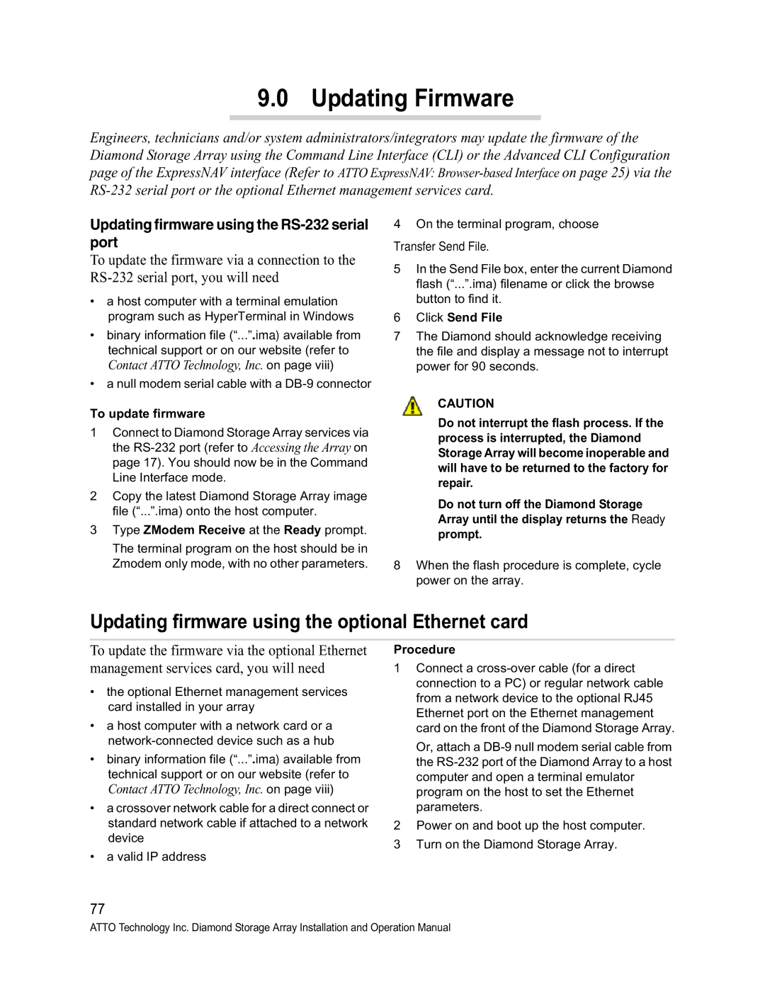 ATTO Technology S-Class manual Updating Firmware, Updating firmware using the RS-232 serial port 