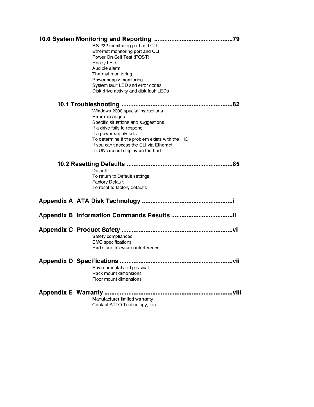 ATTO Technology S-Class manual Appendix D Specifications Vii, Appendix E Warranty Viii 