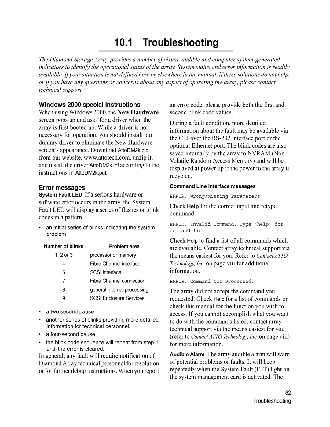 ATTO Technology S-Class Troubleshooting, Windows 2000 special instructions Error messages, Command Line Interface messages 