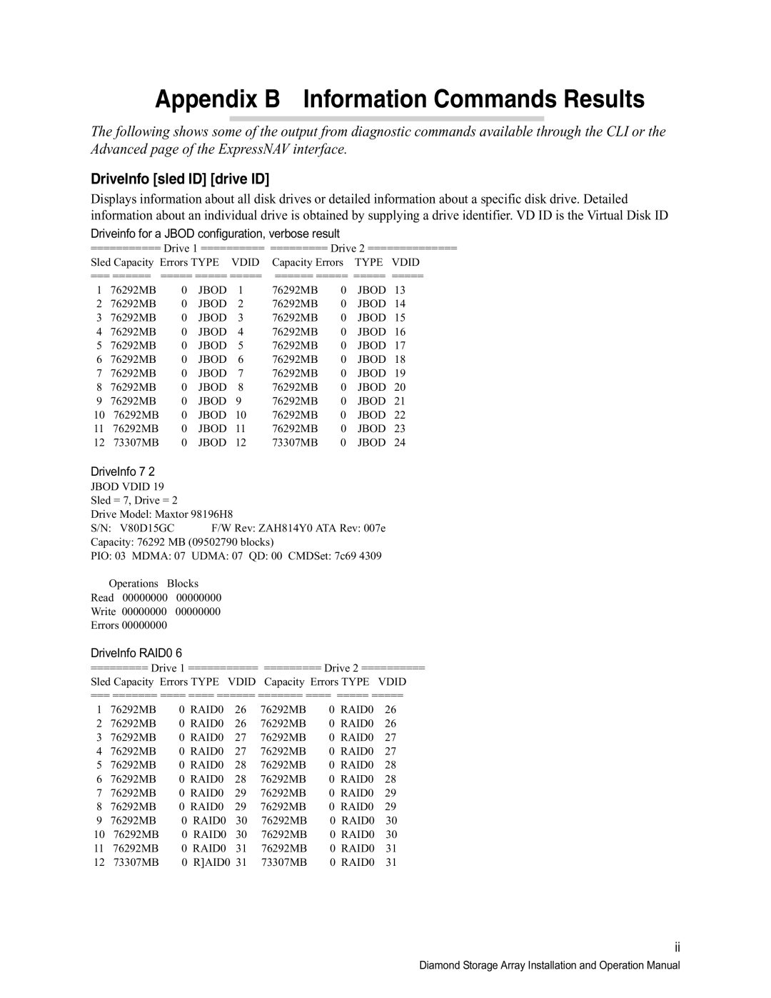 ATTO Technology S-Class manual Appendix B Information Commands Results, DriveInfo sled ID drive ID 