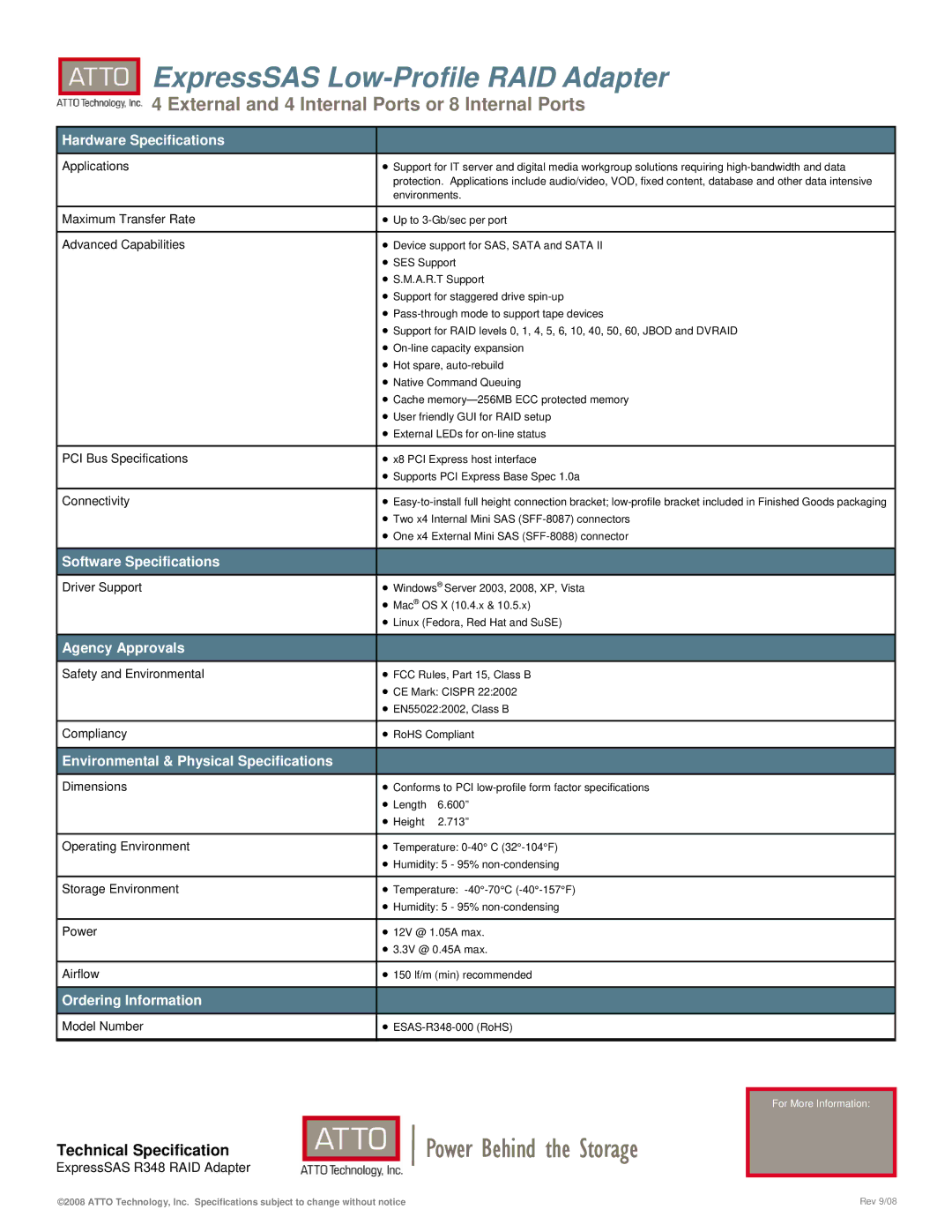 ATTO Technology SAS R348 warranty Hardware Specifications, Software Specifications, Agency Approvals, Ordering Information 